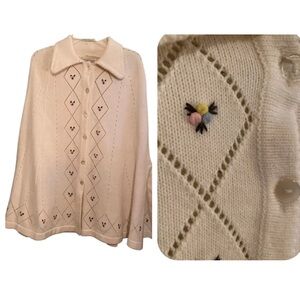 Vintage Knit Sweater OS One Size Poncho Ivory Granny Embroidered Flowers